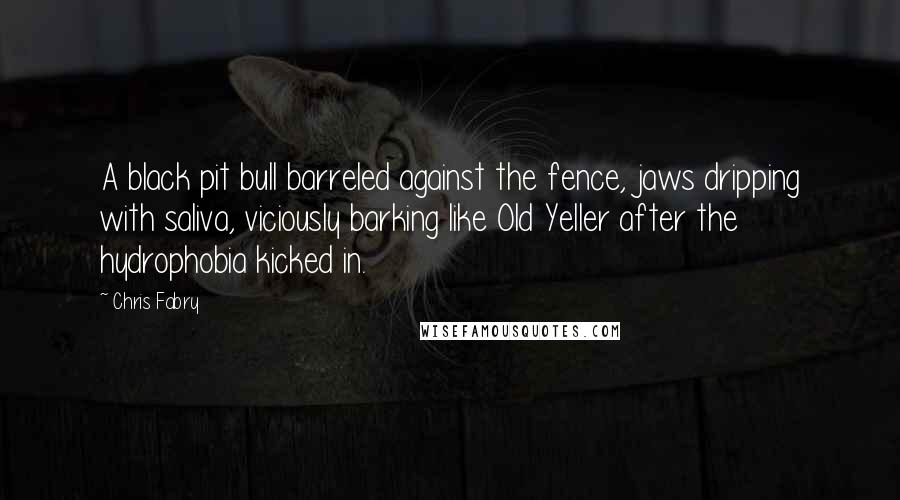 Chris Fabry Quotes: A black pit bull barreled against the fence, jaws dripping with saliva, viciously barking like Old Yeller after the hydrophobia kicked in.