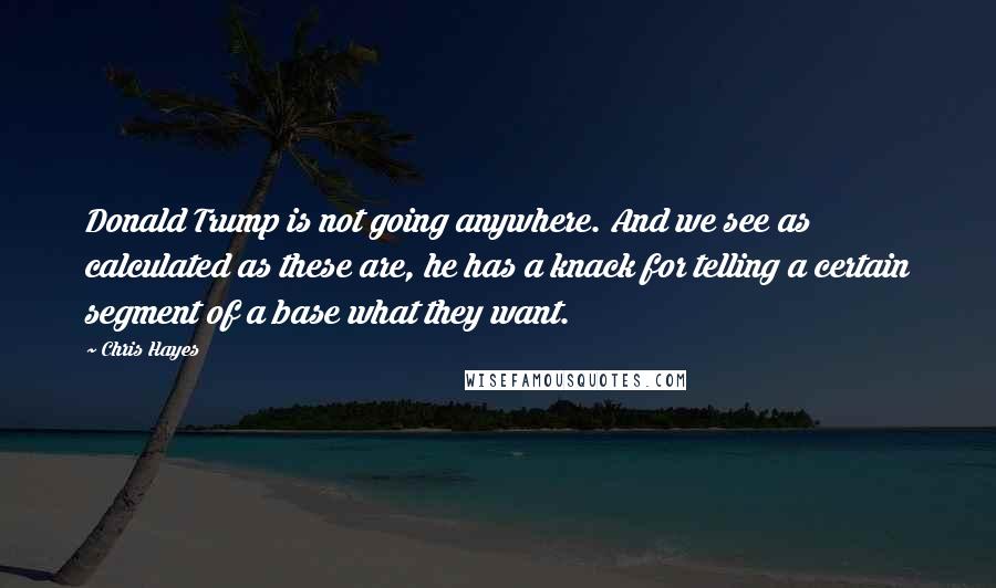 Chris Hayes Quotes: Donald Trump is not going anywhere. And we see as calculated as these are, he has a knack for telling a certain segment of a base what they want.
