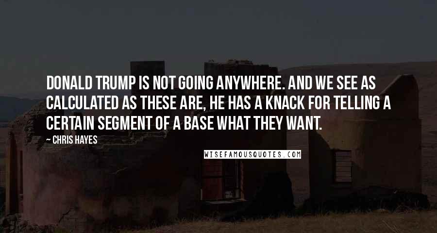 Chris Hayes Quotes: Donald Trump is not going anywhere. And we see as calculated as these are, he has a knack for telling a certain segment of a base what they want.