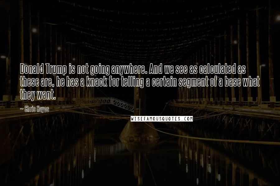 Chris Hayes Quotes: Donald Trump is not going anywhere. And we see as calculated as these are, he has a knack for telling a certain segment of a base what they want.