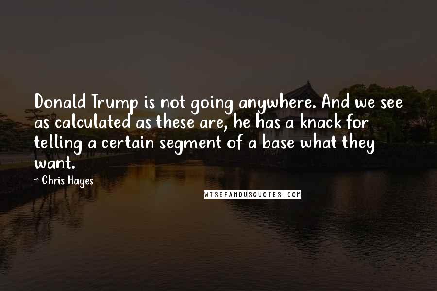 Chris Hayes Quotes: Donald Trump is not going anywhere. And we see as calculated as these are, he has a knack for telling a certain segment of a base what they want.