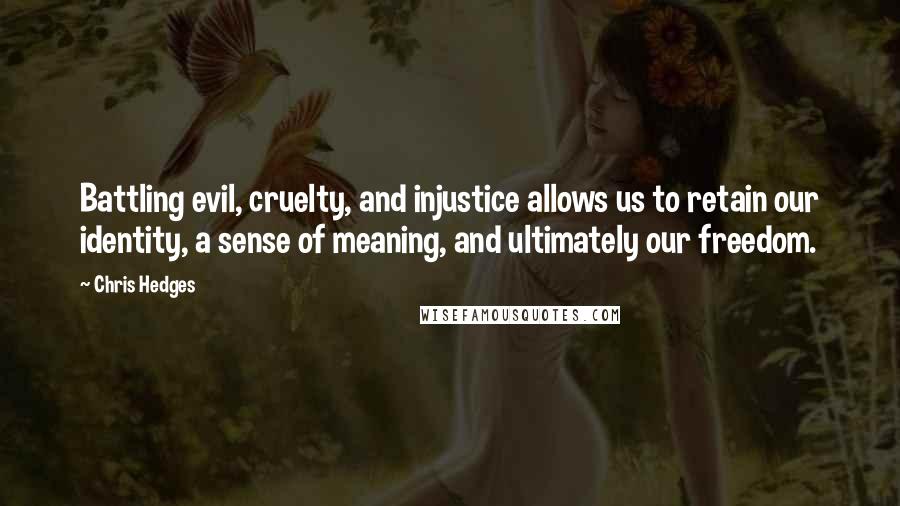 Chris Hedges Quotes: Battling evil, cruelty, and injustice allows us to retain our identity, a sense of meaning, and ultimately our freedom.