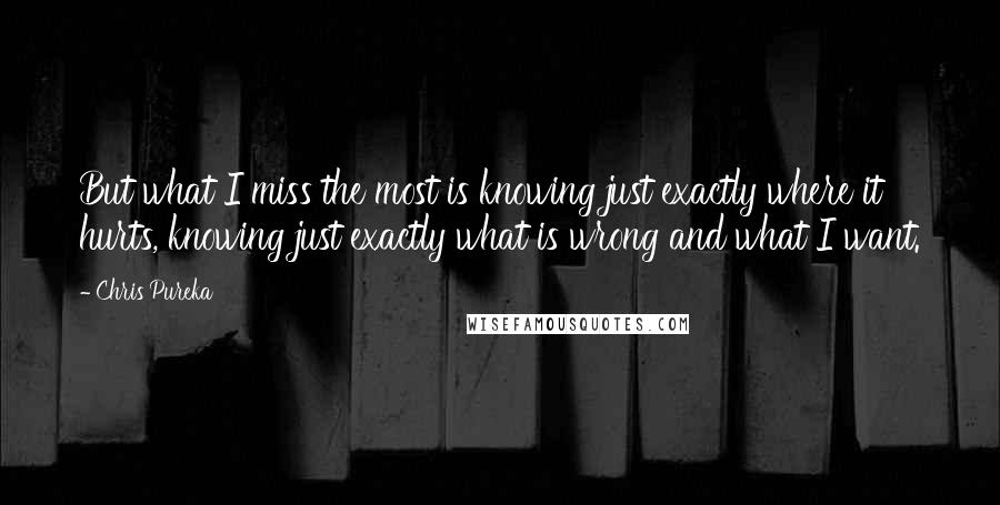 Chris Pureka Quotes: But what I miss the most is knowing just exactly where it hurts, knowing just exactly what is wrong and what I want.