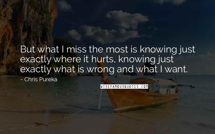 Chris Pureka Quotes: But what I miss the most is knowing just exactly where it hurts, knowing just exactly what is wrong and what I want.