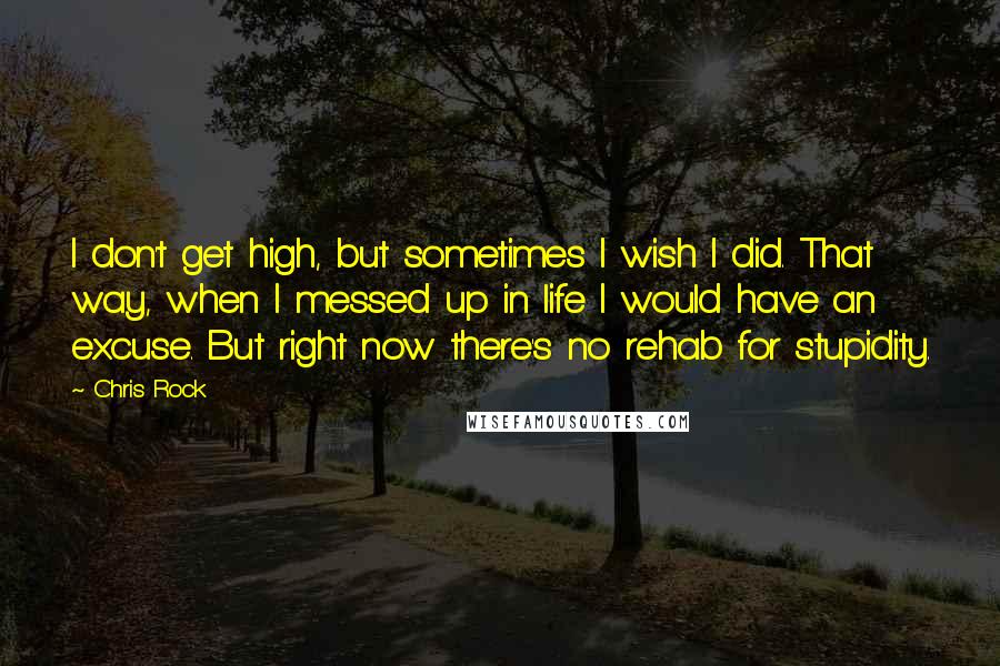 Chris Rock Quotes: I don't get high, but sometimes I wish I did. That way, when I messed up in life I would have an excuse. But right now there's no rehab for stupidity.