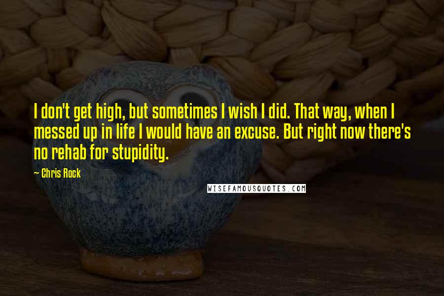 Chris Rock Quotes: I don't get high, but sometimes I wish I did. That way, when I messed up in life I would have an excuse. But right now there's no rehab for stupidity.