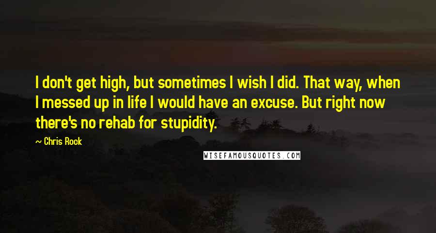 Chris Rock Quotes: I don't get high, but sometimes I wish I did. That way, when I messed up in life I would have an excuse. But right now there's no rehab for stupidity.