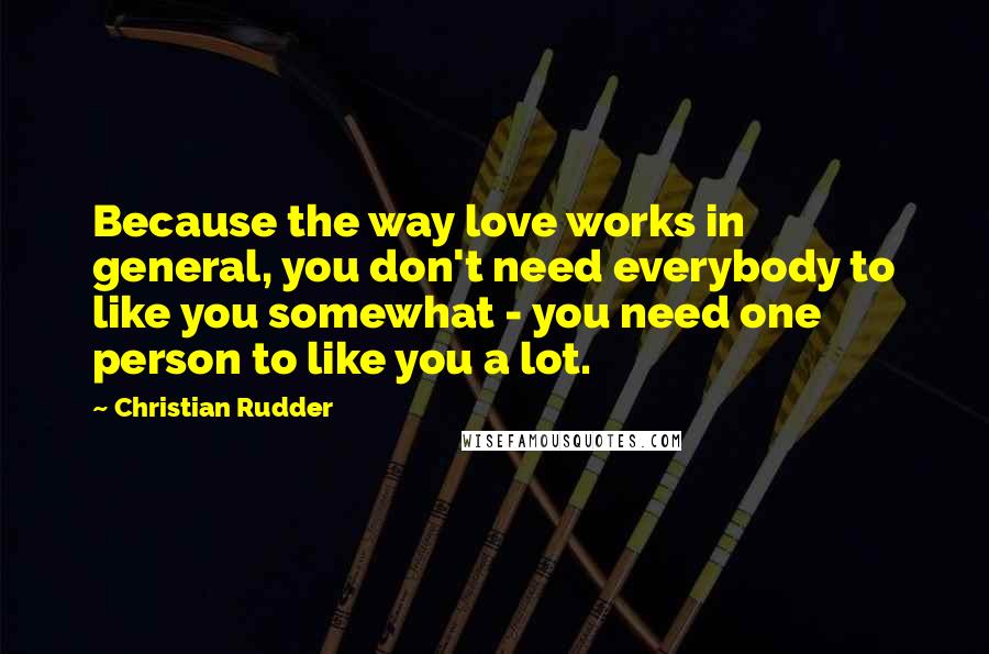 Christian Rudder Quotes: Because the way love works in general, you don't need everybody to like you somewhat - you need one person to like you a lot.