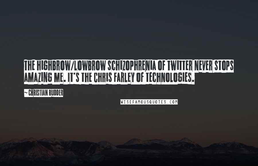 Christian Rudder Quotes: The highbrow/lowbrow schizophrenia of Twitter never stops amazing me. It's the Chris Farley of technologies.