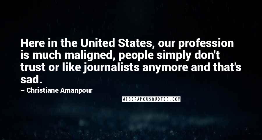 Christiane Amanpour Quotes: Here in the United States, our profession is much maligned, people simply don't trust or like journalists anymore and that's sad.