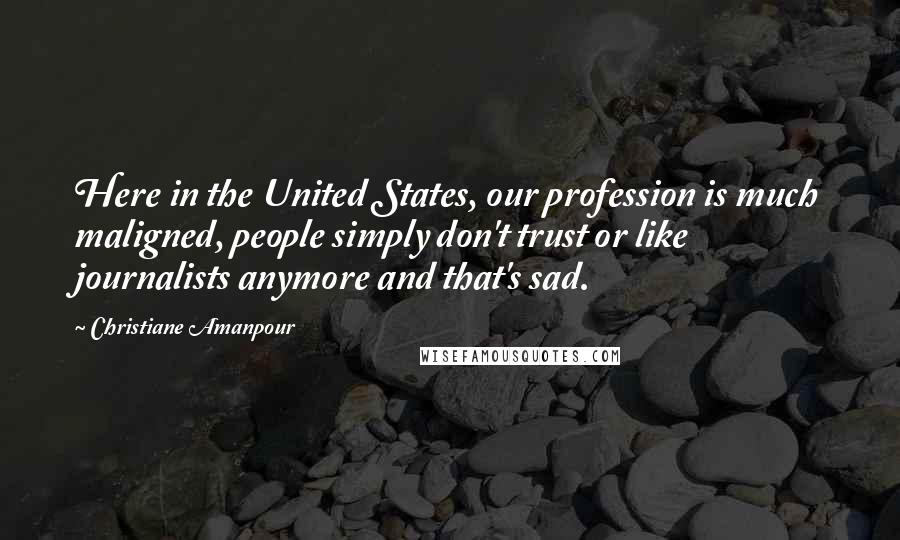 Christiane Amanpour Quotes: Here in the United States, our profession is much maligned, people simply don't trust or like journalists anymore and that's sad.