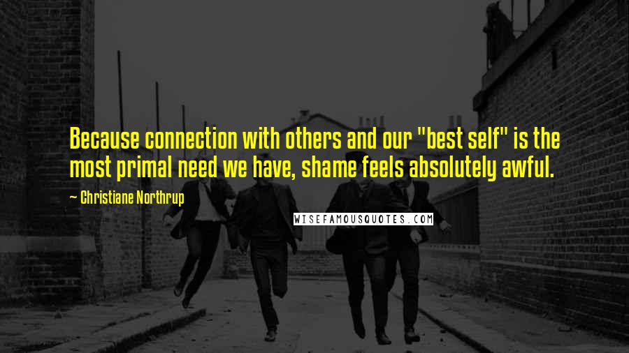 Christiane Northrup Quotes: Because connection with others and our "best self" is the most primal need we have, shame feels absolutely awful.