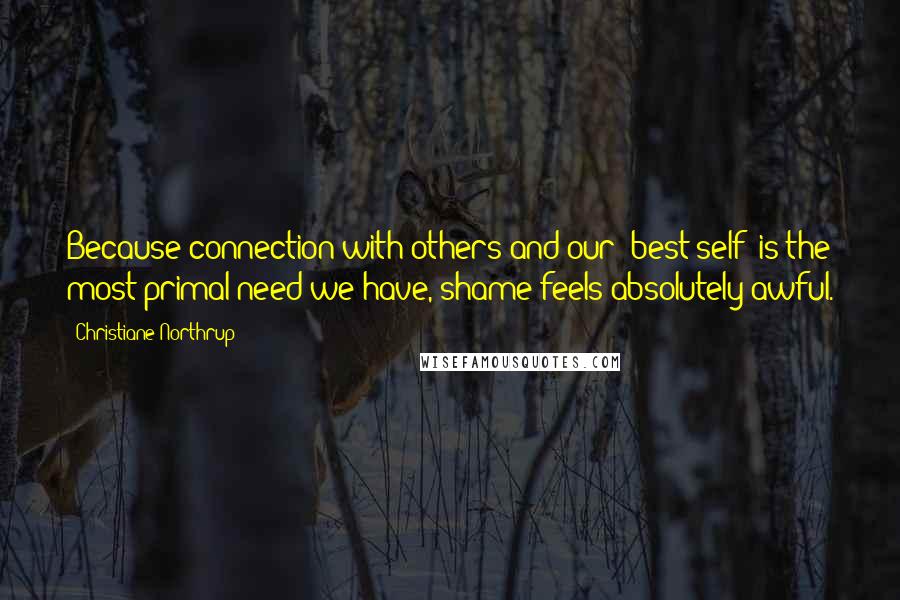 Christiane Northrup Quotes: Because connection with others and our "best self" is the most primal need we have, shame feels absolutely awful.