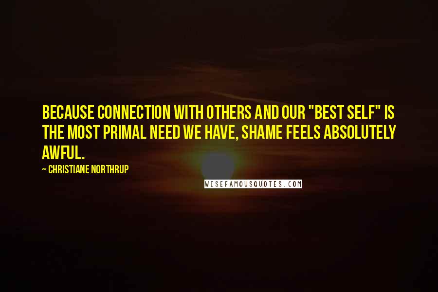 Christiane Northrup Quotes: Because connection with others and our "best self" is the most primal need we have, shame feels absolutely awful.