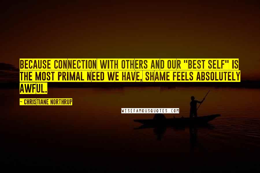 Christiane Northrup Quotes: Because connection with others and our "best self" is the most primal need we have, shame feels absolutely awful.