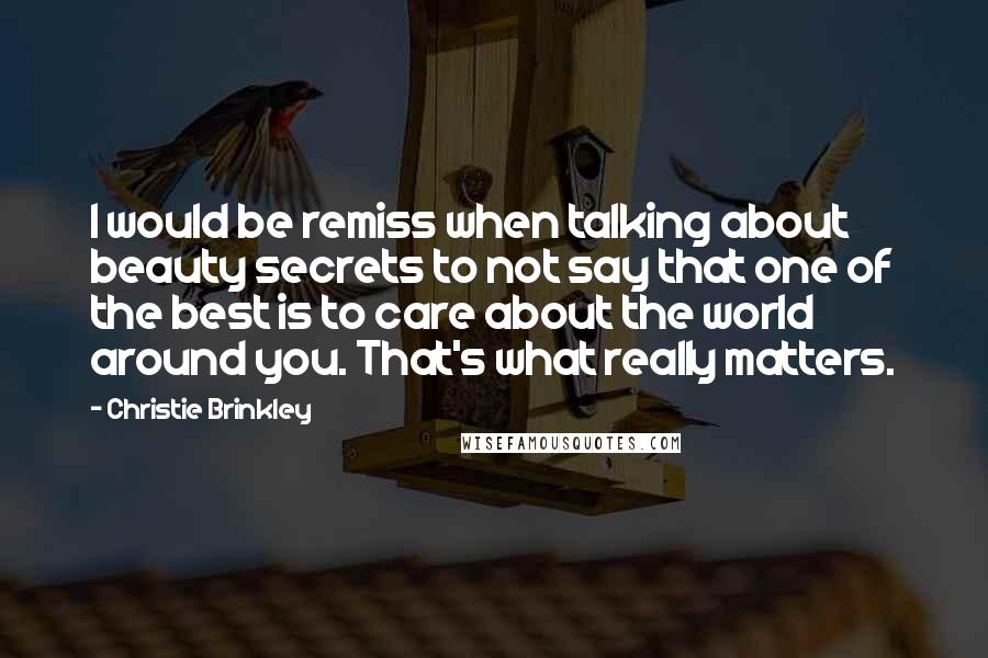 Christie Brinkley Quotes: I would be remiss when talking about beauty secrets to not say that one of the best is to care about the world around you. That's what really matters.