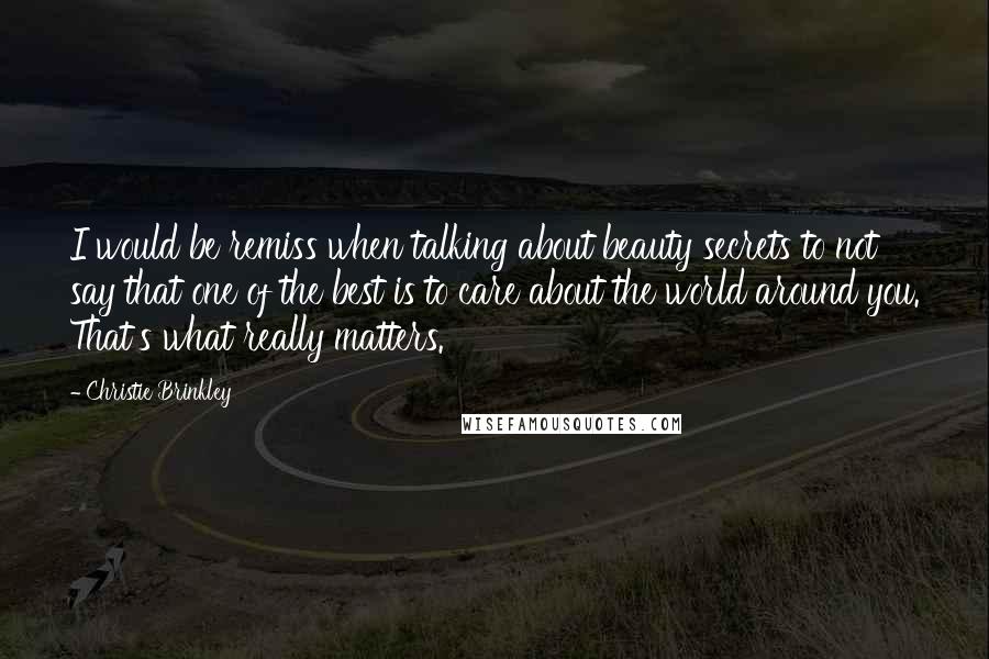 Christie Brinkley Quotes: I would be remiss when talking about beauty secrets to not say that one of the best is to care about the world around you. That's what really matters.