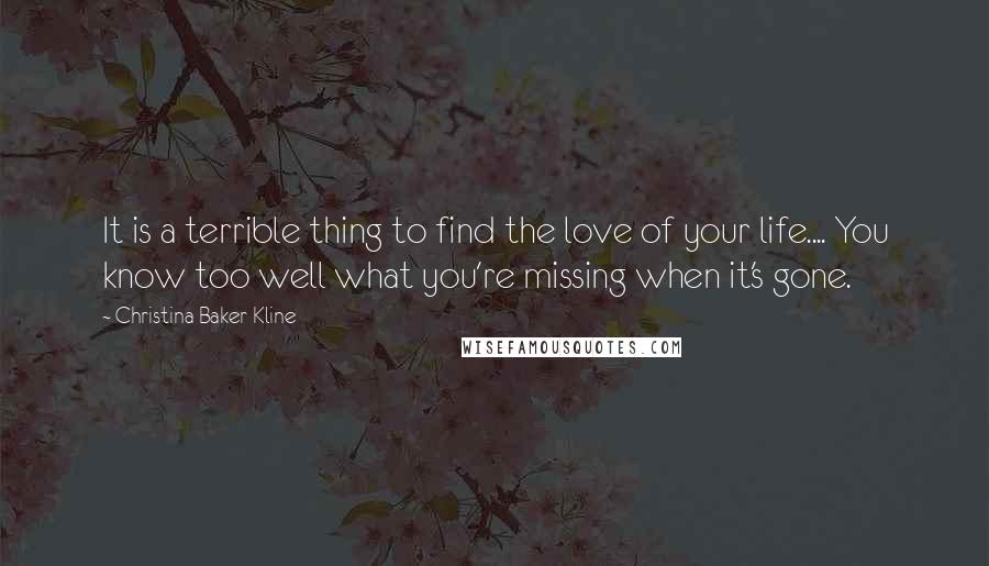 Christina Baker Kline Quotes: It is a terrible thing to find the love of your life.... You know too well what you're missing when it's gone.