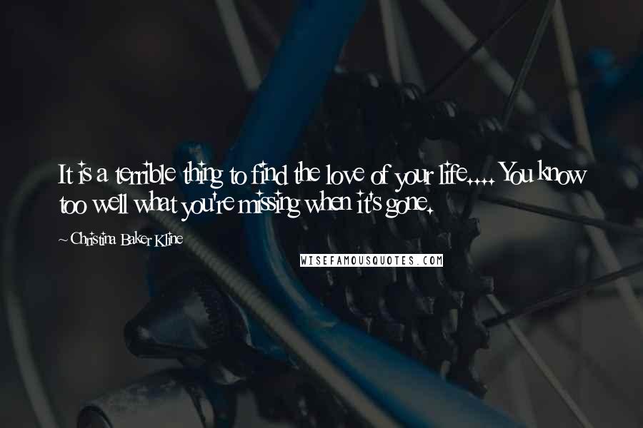 Christina Baker Kline Quotes: It is a terrible thing to find the love of your life.... You know too well what you're missing when it's gone.