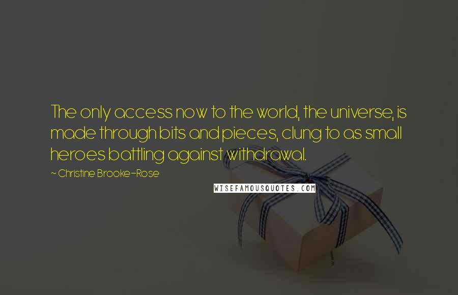 Christine Brooke-Rose Quotes: The only access now to the world, the universe, is made through bits and pieces, clung to as small heroes battling against withdrawal.