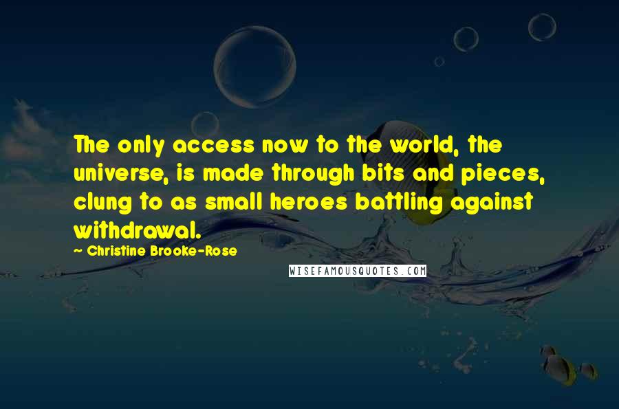 Christine Brooke-Rose Quotes: The only access now to the world, the universe, is made through bits and pieces, clung to as small heroes battling against withdrawal.