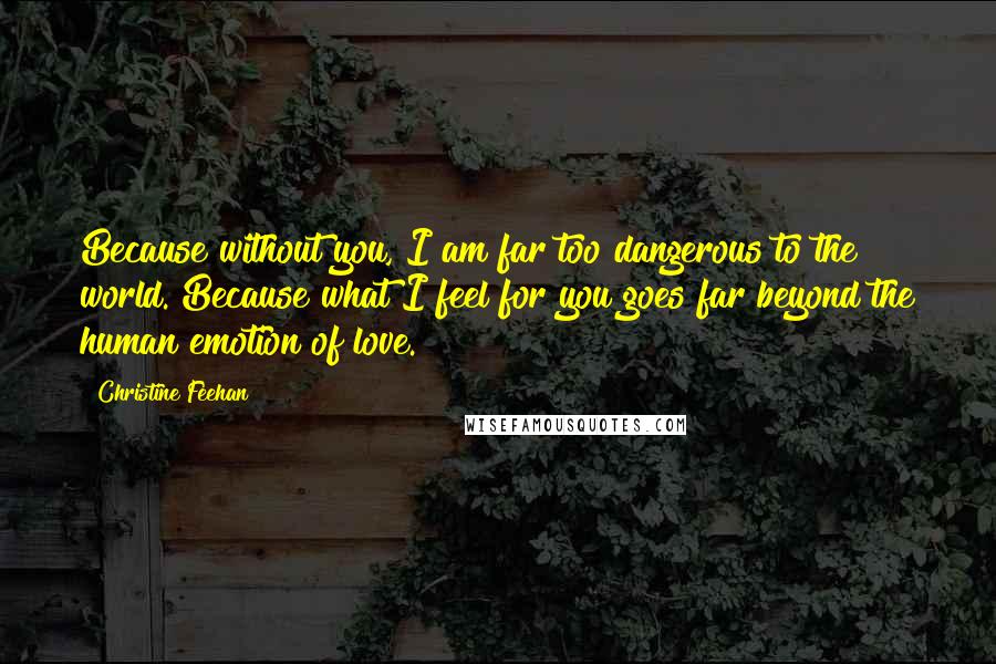 Christine Feehan Quotes: Because without you, I am far too dangerous to the world. Because what I feel for you goes far beyond the human emotion of love.