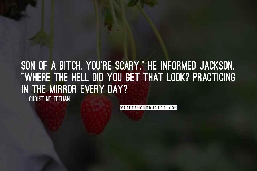 Christine Feehan Quotes: Son of a bitch, you're scary," he informed Jackson. "Where the hell did you get that look? Practicing in the mirror every day?