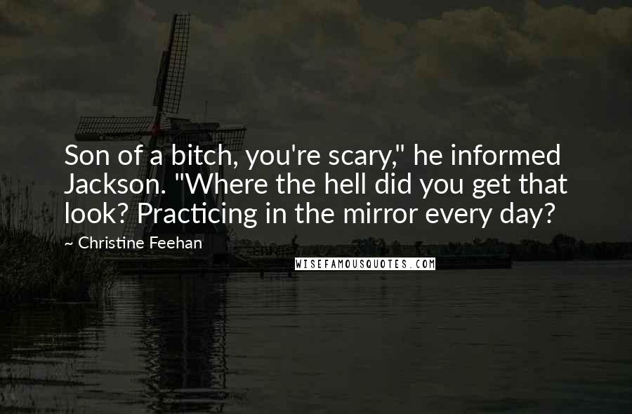 Christine Feehan Quotes: Son of a bitch, you're scary," he informed Jackson. "Where the hell did you get that look? Practicing in the mirror every day?