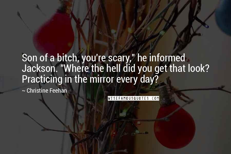 Christine Feehan Quotes: Son of a bitch, you're scary," he informed Jackson. "Where the hell did you get that look? Practicing in the mirror every day?