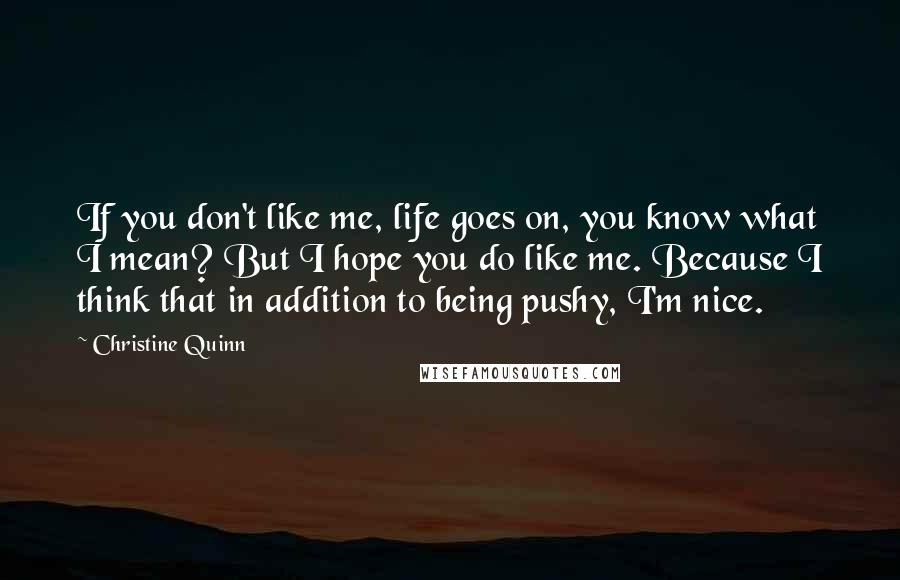 Christine Quinn Quotes: If you don't like me, life goes on, you know what I mean? But I hope you do like me. Because I think that in addition to being pushy, I'm nice.