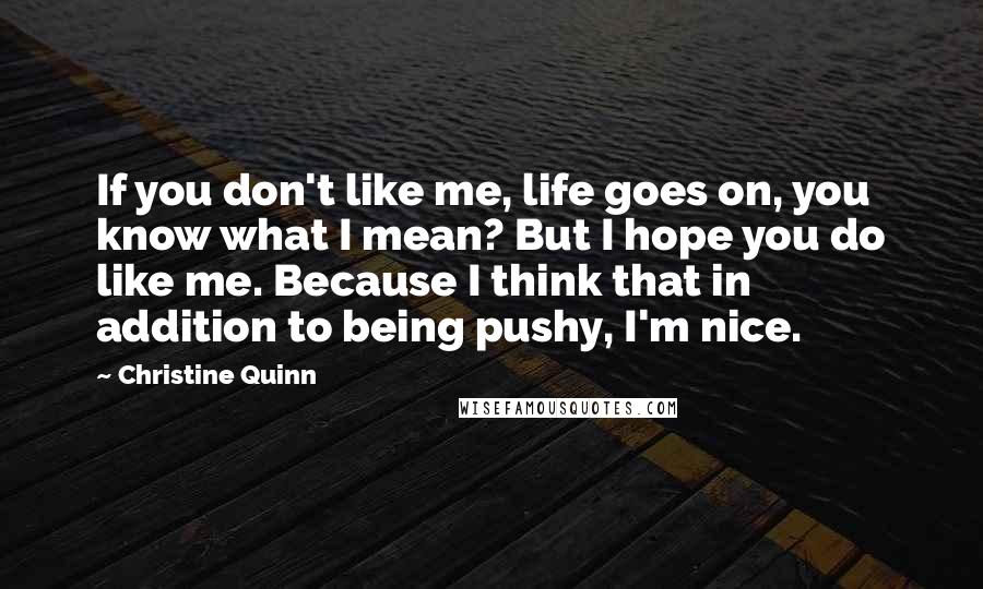 Christine Quinn Quotes: If you don't like me, life goes on, you know what I mean? But I hope you do like me. Because I think that in addition to being pushy, I'm nice.