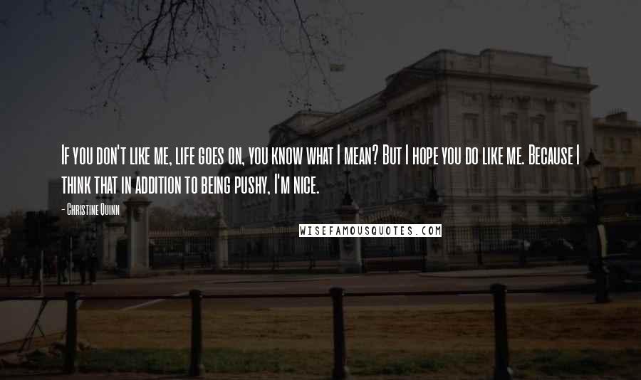 Christine Quinn Quotes: If you don't like me, life goes on, you know what I mean? But I hope you do like me. Because I think that in addition to being pushy, I'm nice.