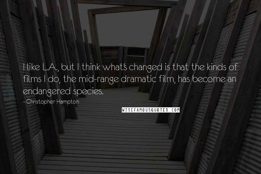 Christopher Hampton Quotes: I like L.A., but I think what's changed is that the kinds of films I do, the mid-range dramatic film, has become an endangered species.