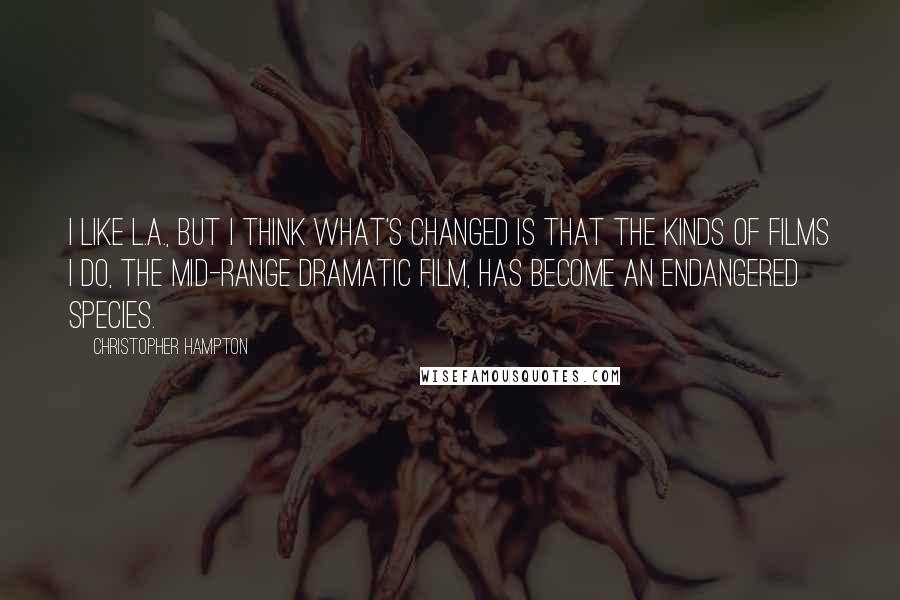 Christopher Hampton Quotes: I like L.A., but I think what's changed is that the kinds of films I do, the mid-range dramatic film, has become an endangered species.