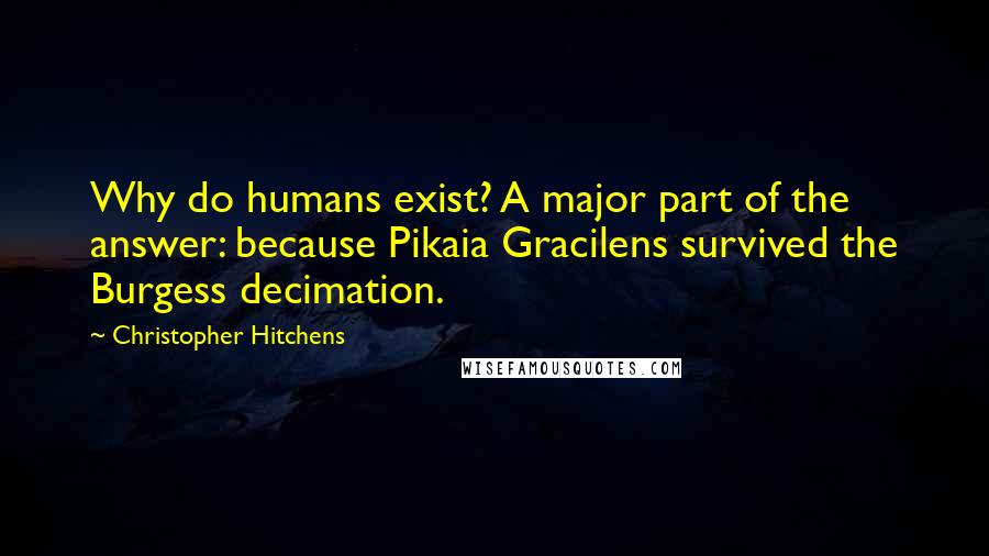 Christopher Hitchens Quotes: Why do humans exist? A major part of the answer: because Pikaia Gracilens survived the Burgess decimation.