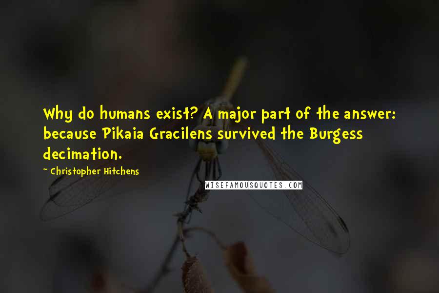 Christopher Hitchens Quotes: Why do humans exist? A major part of the answer: because Pikaia Gracilens survived the Burgess decimation.