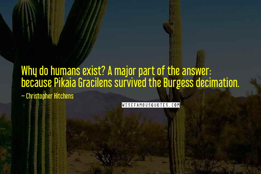 Christopher Hitchens Quotes: Why do humans exist? A major part of the answer: because Pikaia Gracilens survived the Burgess decimation.