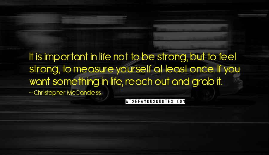 Christopher McCandless Quotes: It is important in life not to be strong, but to feel strong, to measure yourself at least once. If you want something in life, reach out and grab it.
