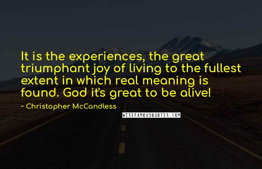 Christopher McCandless Quotes: It is the experiences, the great triumphant joy of living to the fullest extent in which real meaning is found. God it's great to be alive!