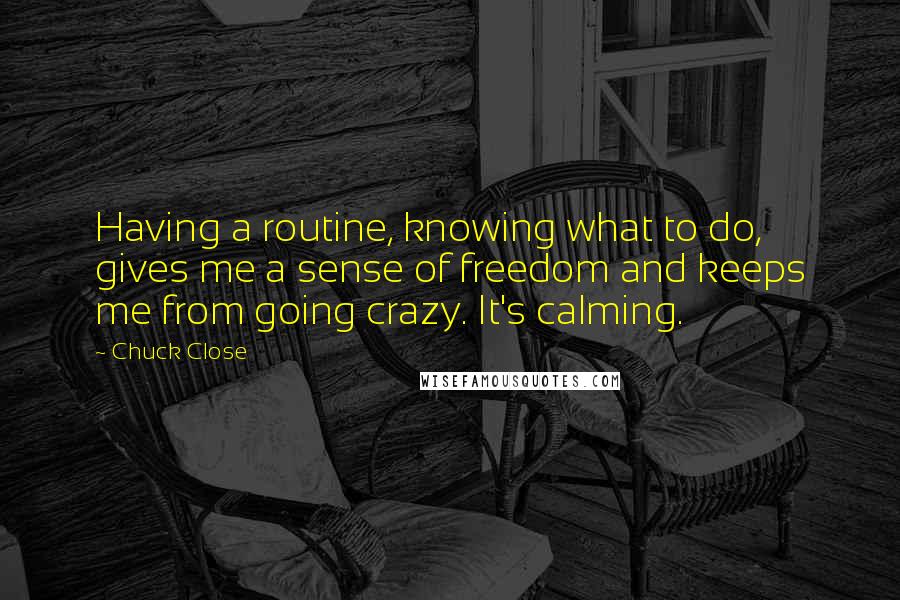 Chuck Close Quotes: Having a routine, knowing what to do, gives me a sense of freedom and keeps me from going crazy. It's calming.