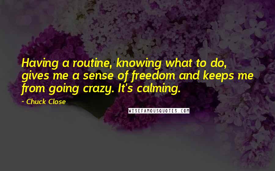 Chuck Close Quotes: Having a routine, knowing what to do, gives me a sense of freedom and keeps me from going crazy. It's calming.