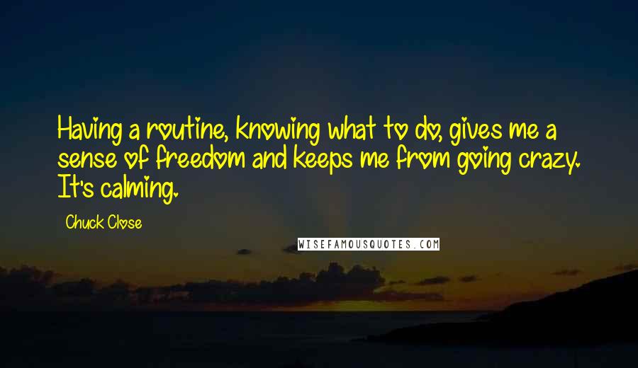 Chuck Close Quotes: Having a routine, knowing what to do, gives me a sense of freedom and keeps me from going crazy. It's calming.