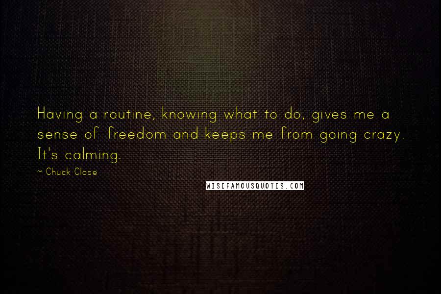 Chuck Close Quotes: Having a routine, knowing what to do, gives me a sense of freedom and keeps me from going crazy. It's calming.