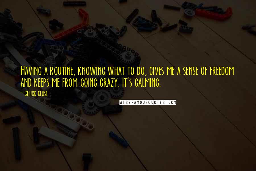 Chuck Close Quotes: Having a routine, knowing what to do, gives me a sense of freedom and keeps me from going crazy. It's calming.