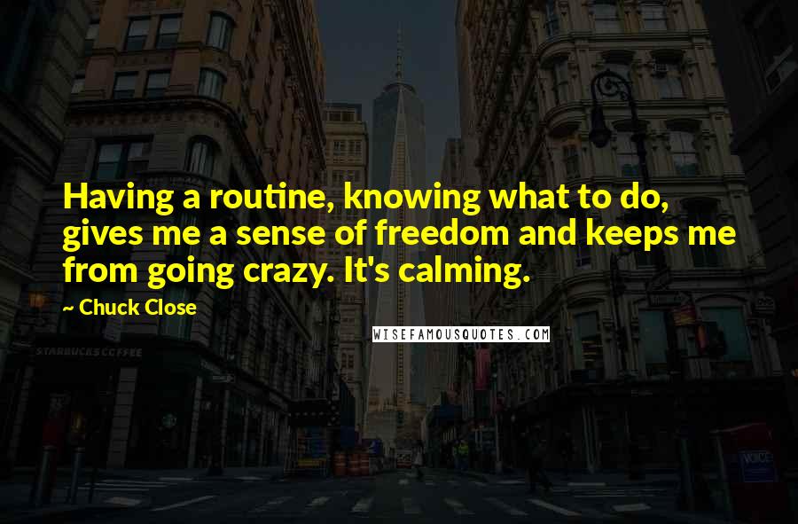 Chuck Close Quotes: Having a routine, knowing what to do, gives me a sense of freedom and keeps me from going crazy. It's calming.