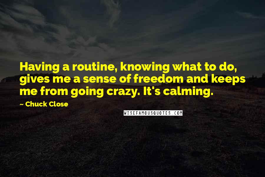 Chuck Close Quotes: Having a routine, knowing what to do, gives me a sense of freedom and keeps me from going crazy. It's calming.