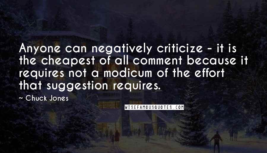 Chuck Jones Quotes: Anyone can negatively criticize - it is the cheapest of all comment because it requires not a modicum of the effort that suggestion requires.
