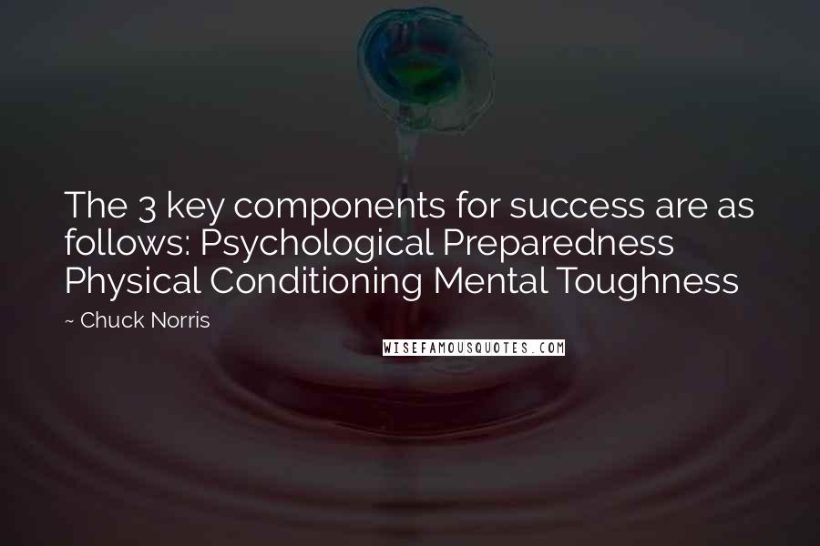 Chuck Norris Quotes: The 3 key components for success are as follows: Psychological Preparedness Physical Conditioning Mental Toughness