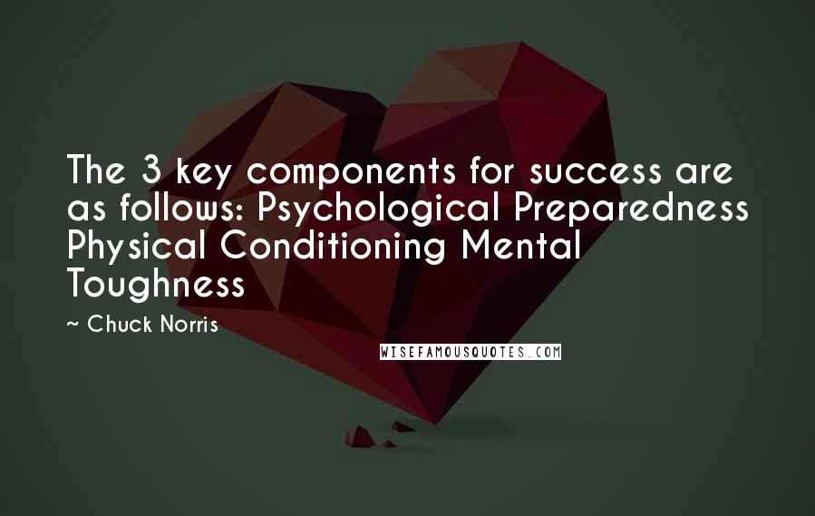 Chuck Norris Quotes: The 3 key components for success are as follows: Psychological Preparedness Physical Conditioning Mental Toughness