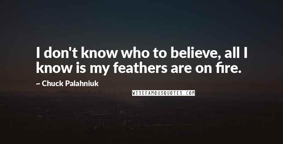 Chuck Palahniuk Quotes: I don't know who to believe, all I know is my feathers are on fire.